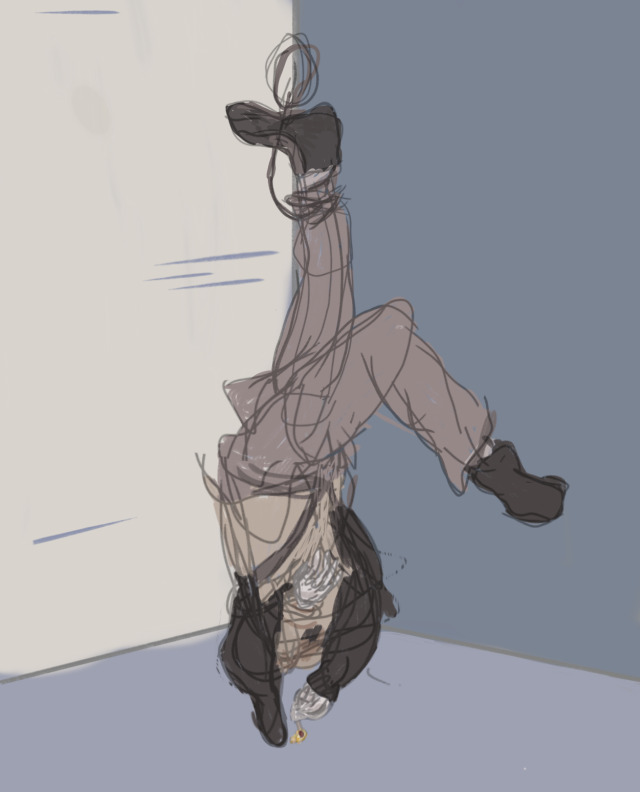 a digital poster of a desaturated figure hanging upside down from their leg in a blueish room, jacket dangling over their ducked head and shoulders. The figure has one arm reaching out, the other dangling down, holding a lit match.