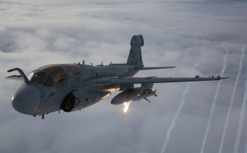 militaryarmament:  Naval aviators with Marine Tactical Electronic Warfare Training Squadron 1 take to the sky in an EA-6B Prowler during routine training above eastern North Carolina, April 14, 2015. 