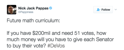 prochoice-or-gtfo:  refinery29:  Betsy DeVos has been confirmed by one vote as the Secretary of Education. Two Republican Senators voted against their party to protest DeVos Today, the Senate narrowly confirmed Betsy DeVos as Secretary of Education, with