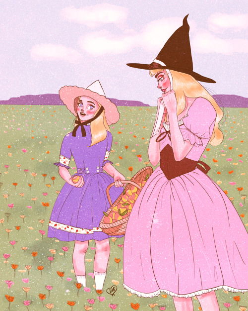 Alice and Aurora after picking peaches on a pastel colored day 
