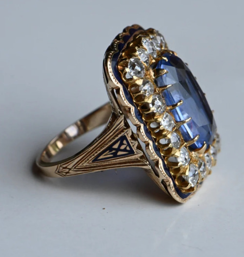 Vintage Mid-Century 18k Gold Sapphire, Diamond, and Enamel Ring