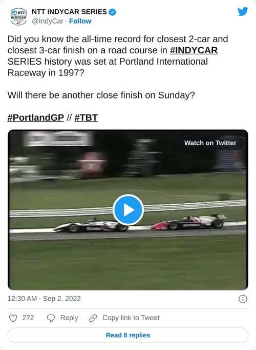 Did you know the all-time record for closest 2-car and closest 3-car finish on a road course in #INDYCAR SERIES history was set at Portland International Raceway in 1997?  Will there be another close finish on Sunday?#PortlandGP // #TBT pic.twitter.com/mFx2qDtUAY  — NTT INDYCAR SERIES (@IndyCar) September 2, 2022