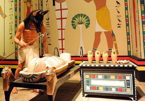 Mummification in ancient EgyptIllustration depicting a priest wearing a jackal-headed mask represent