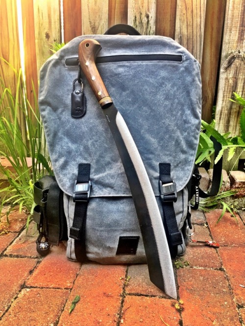 Blackhawk Diversion Waxed Canvas Rucksack; Condor Duku Parang; Cold Steel Walkabout Stick; Great Eas