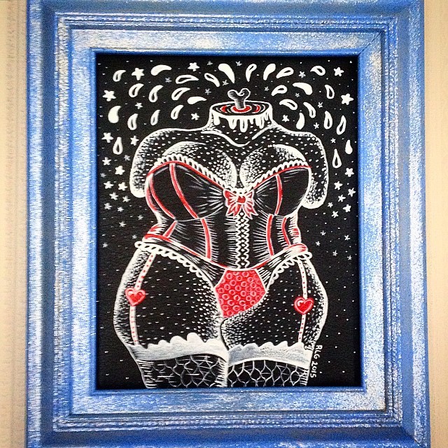 Finished and #framed in #blue #glitter. #maiden #torso #beheaded #headless #lingerie #corset #stocking #amputee #blood #stars #white #black #red #faux #leather #painting #drawing #ladyartist #fysw #ratboneink