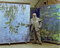 tierradentro:  Colorized picture of  Claude Monet standing next to paintings from his Water Lilies series, 1923. (by/via) 