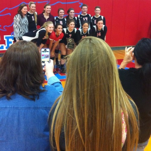 The Ozark Lady Tigers face the mamarazzi after beating Glendale to win their district #volleyball tourney. #sports #sportswriting