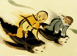 kataang1412:Three generations of penguin sledding!Aang and KataraBumi, Kya and TenzinJinora,