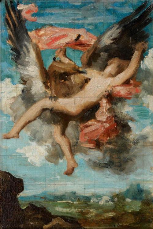 ganymedesrocks:    Gabriel Ferrier, born Gabriel-Joseph-Marie-Augustin Ferrier (1847 - 1914), “Le Rapt de Ganymède” or The abduction of Ganymede, in the original preparatory sketch on squared paper, laid down on canvas, followed by the painting,