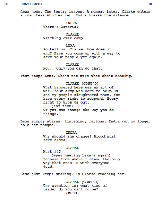 Hello, everyone! Since everyone seemed to really enjoy yesterday’s “Script to Screen” post, we’ve decided to share another pivotal scene from the episode. Episode 305, “Hakeldama”, was written by Charlie Craig.