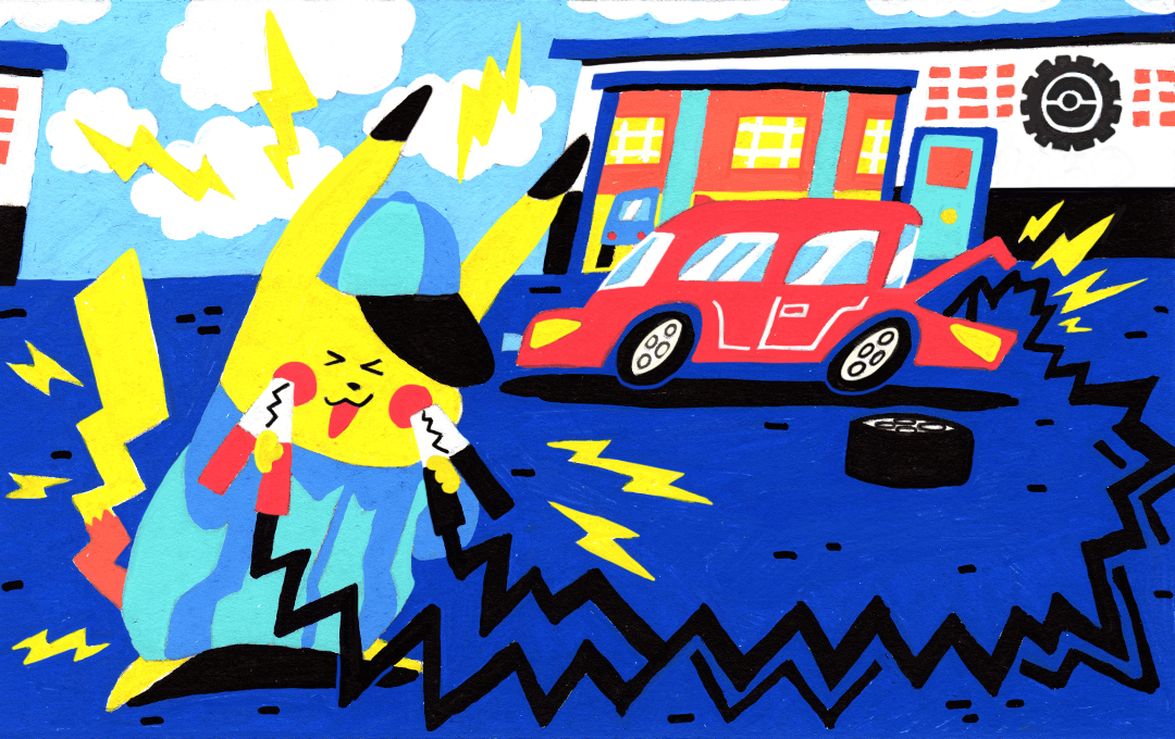 lizannamae:The third piece I did, Pikachu working at the mechanic giving my Corolla a jumpstart lol