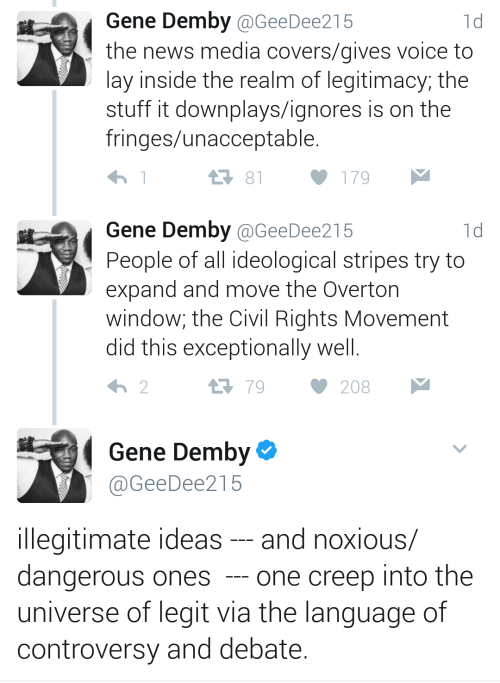 sitta-pusilla: Gene Demby explains the Overton Window “[Trevor] Noah isn’t wrong that compromise and good-faith are necessary for functional politics. But. There’s this idea in media studies called the Overton Window. Basically, the MSM defines