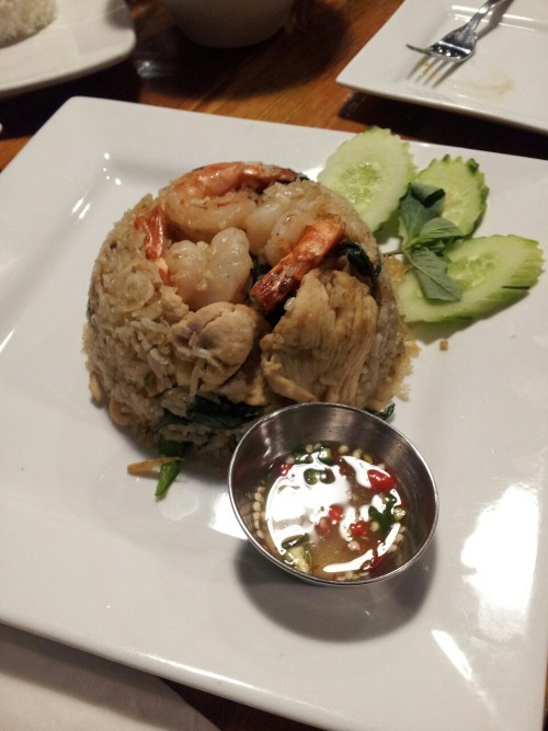 Thai green curry fried rice, garlic chicken, red curry, and pad thai