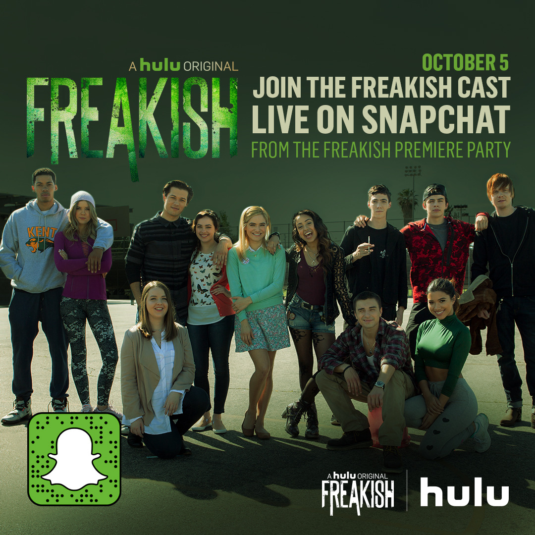 freakishonhulu:
“ Join our cast live tonight on Hulu’s Snapchat from the Freakish Premiere Party.
Starting October 10, catch free episodes daily on Tumblr during #FreakWeek and stream all episodes on @hulu. http://hulu.tv/FreakishOnHulu
”