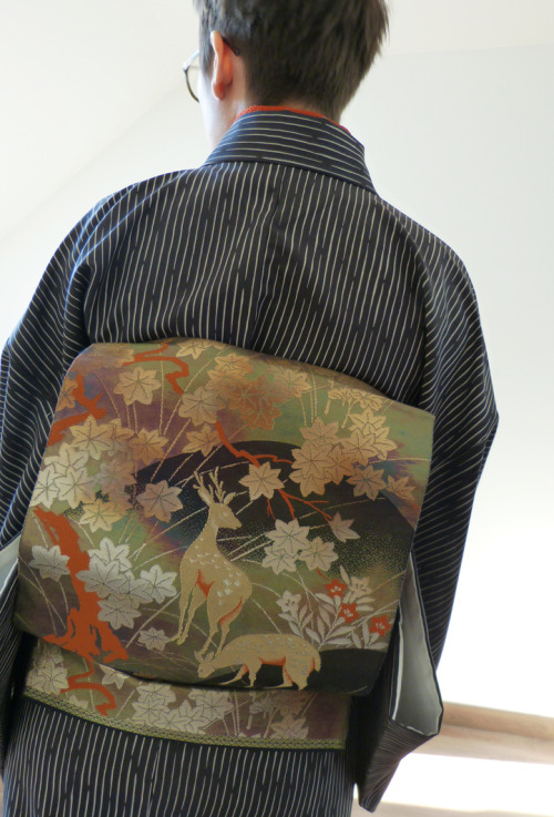 Personnal collection : stripes edo komon / deer, mums and maple leaves fukuro obi / orange chirimen 