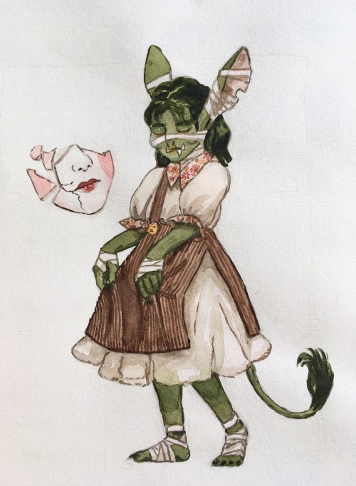 bravenot:tickle me green, I’m too naïve[ID: watercolour art of Nott the Brave wearing a s