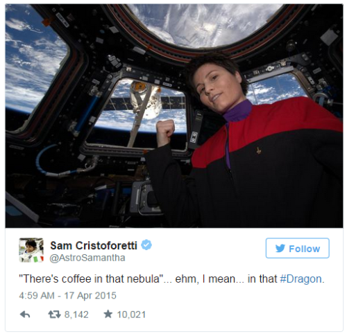 Astronaut Samantha Cristoforetti Wears ‘Star Trek’ Uniform in Space“Star Trek fandom has