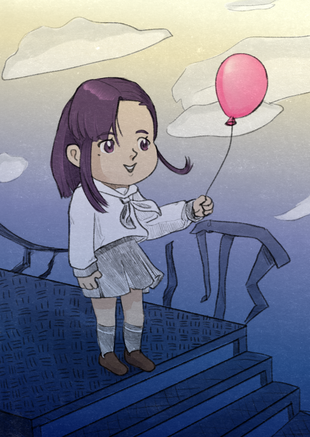 A drawing of Yuno from MILGRAM, she is standing on a derelict metal stairway and holding a pink balloon