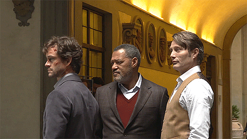 existingcharactersdiehorribly:It was a bit like a school trip. Hugh Dancy, Laurence Fishburne, and M