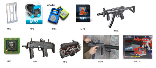 docincredible:  greatnorthernofficial:  canmom: MP1: audio codec and container format MP2: audio codec and container format MP3: audio codec and container format MP4: video codec and container format MP5: actually, this one’s a gun  hold up, I made