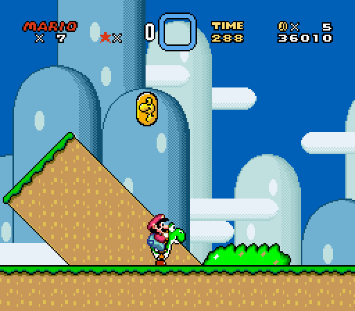 suppermariobroth:In Super Mario World, Banzai Bills will not harm Mario as long as he is riding Yoshi and his head is below the vertical center of the Banzai Bill. (Footage recorded by me from a SNES emulator.)