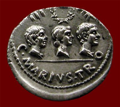 A Roman coin depicting  Julia and her sons Gaius and Lucius. * 13 BCE* Pergamon museum, Berlin