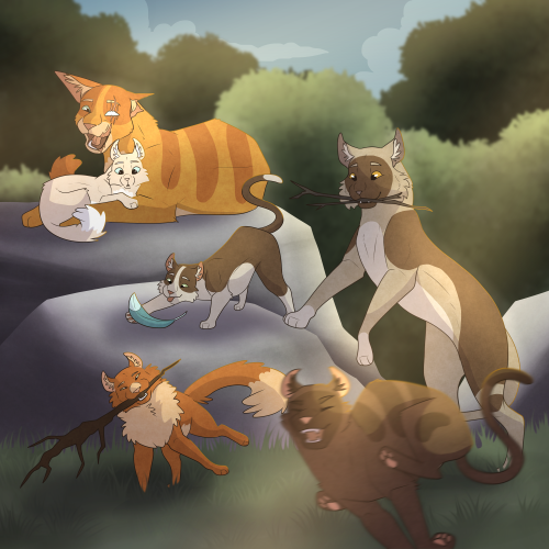 Copper (big orange cat), Dandelion (small cream cat), Poppy (small orange cat), Mint (brown and whit