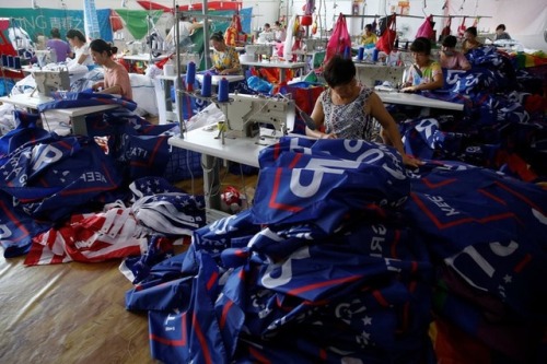 sixpenceee: Chinese factory making Trump 2020 flags Wow…