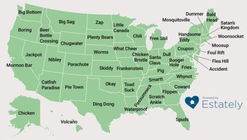 angstbotfic:chewedcorn:The weirdest town names in all 50 states. Rough and Ready, CA would like a wo