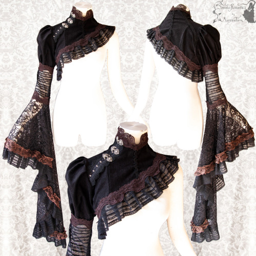  New asymmetrical bolero in black with brown ^^ Hemmed with lots of vintage laces ^^ Part of a mini 