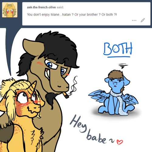 clouddoodles:Starring @ask-the-french-olive “Manehatan is too busy and crowded for my tastes and Iron…. He’s…. Lets say he’s a little TOO outgoing….”>w<!