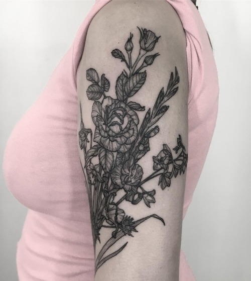 Rose, larkspur,glads,narcissus #botanicaltattoo #botanicaltattooartist #blackworktattoo #rosetattoo 