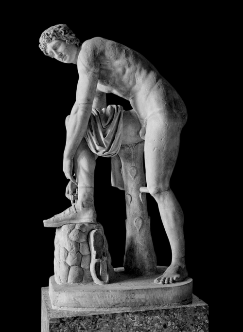 greekromangods: Sandalbinder: Hermes with unrelated head of Apollo 350–301 BC, around 350 BC L