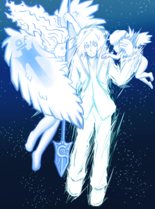 Joshua in his Composer form surrounded by his two Angel summons from TWEWY. The long haired Angel is to his right, and the smaller Angel is to his left. There is a starry background behind them.