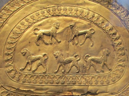Details of fibula. From the Regolini-Galassi Tomb, Tarquinia; 7th c. BCE; gold. Gregorian Etruscan M