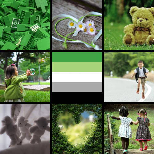 queerplatonicpositivity: [ ID: Top image: Aro flag background with a green-tinted teddy bear and cur