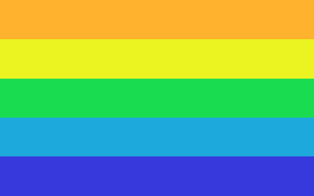 5 striped spectral AAA flag. OYGBI = Orange, Yellow, Green, Blue & Indigo.