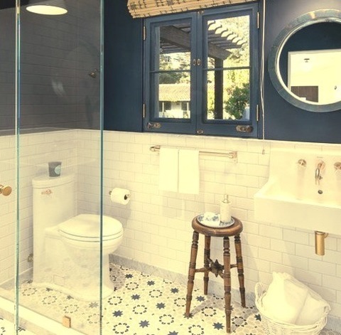 Bathroom 3/4 Bath In Santa BarbaraExample Of A Mid-sized Tuscan 3/4 White Tile And Ceramic Tile Blue