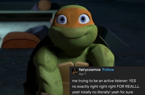 a screenshot of 2012 Mikey edited with a tumblr text post by @fairycosmos: "me trying to be an active listener: YES no exactly right right right FOR REALLL yeah totally no literally! yeah for sure"