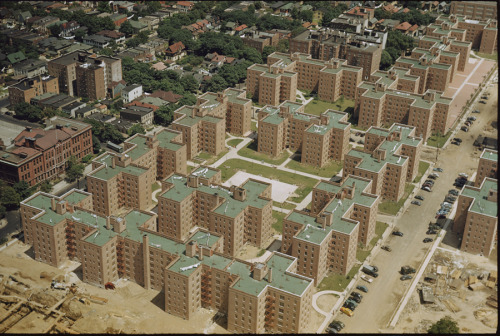 Aerial of an apartment development in Brooklyn called The Vandaveer Estates, March 1951.Photograph b