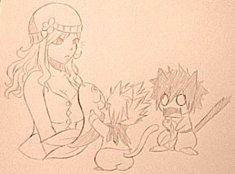 kitsune23star:  1. Lucy takes Natsu to the beach and he makes a sand castle for her. 2. Lyon and Gray try to catch the biggest fish to give to Juvia but it looks like Gray lost this round. 3. Not much to explain other than Erza snuggling Jellal in her