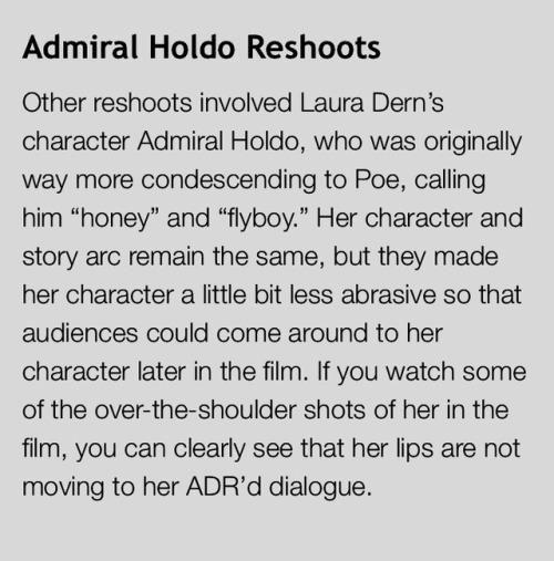 almost-julie:I’ve run across a few of these articles referencing Holdo reshoots to make her come acr