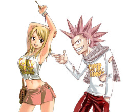 zippi44:edrachan:  so I saw the picture Hiro uploaded of Natsu and then I realized I had the render of the Lucy picture so i put them together and just omg Both pictures drawn by Hiro Mashima c:  haha, this looks like Hiro already drew them together and