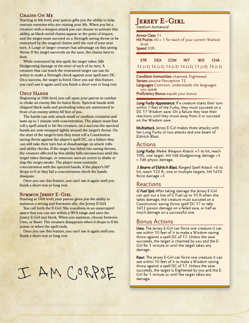 The CorpseHomebrew Warlock Patron that a friend and I created of the popular Youtuber/Musician Corps
