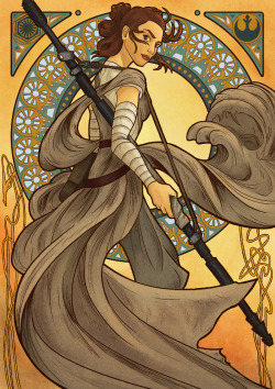 mystarwars:   Rey  by  Dominic On  // Rey is in the Alphonse Mucha, Art Nouveau style, which I think the flowing lines of her outfit is particularly well suited for. 