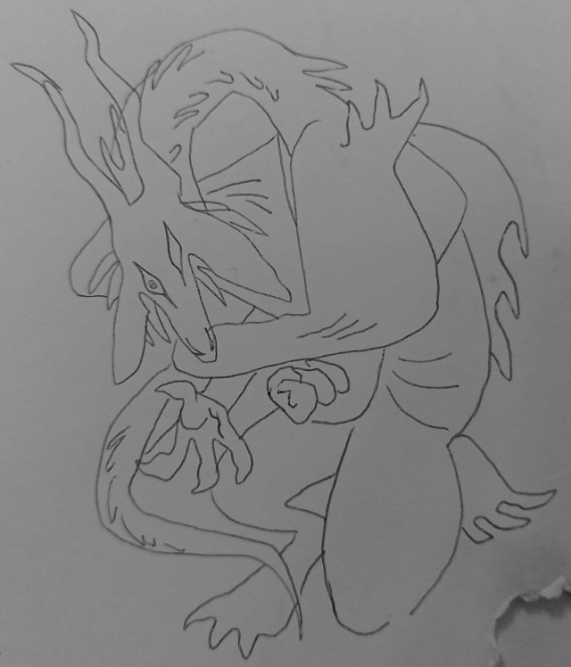 a photo of a pen drawing of a humanoid western dragon, darkstalker. he is kneeling and hunched over, one hand open and one in a fist. his eyes are a realistic almond shape and run down his face, and only one has a pupil. the drawing is done in a surreal cubist style, the limbs and wings are contorted and bent in weird ways.