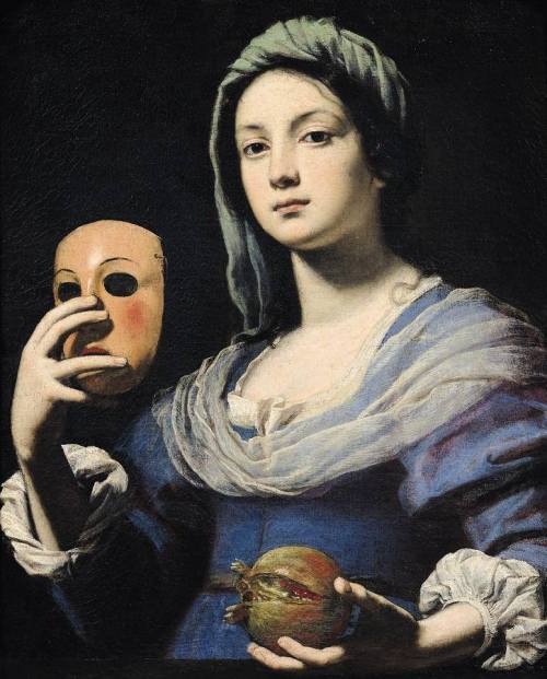 Lorenzo Lippi - Woman Holding a Mask, or The Allegory of Simulation (1650). The pomegranate she