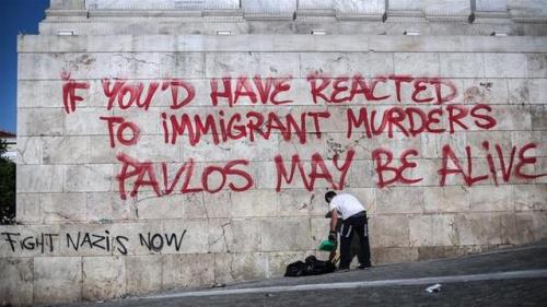 Graffiti in Athens in September 2014, one year after anti-fascist rapper Pavlos Fyssas was murdered 