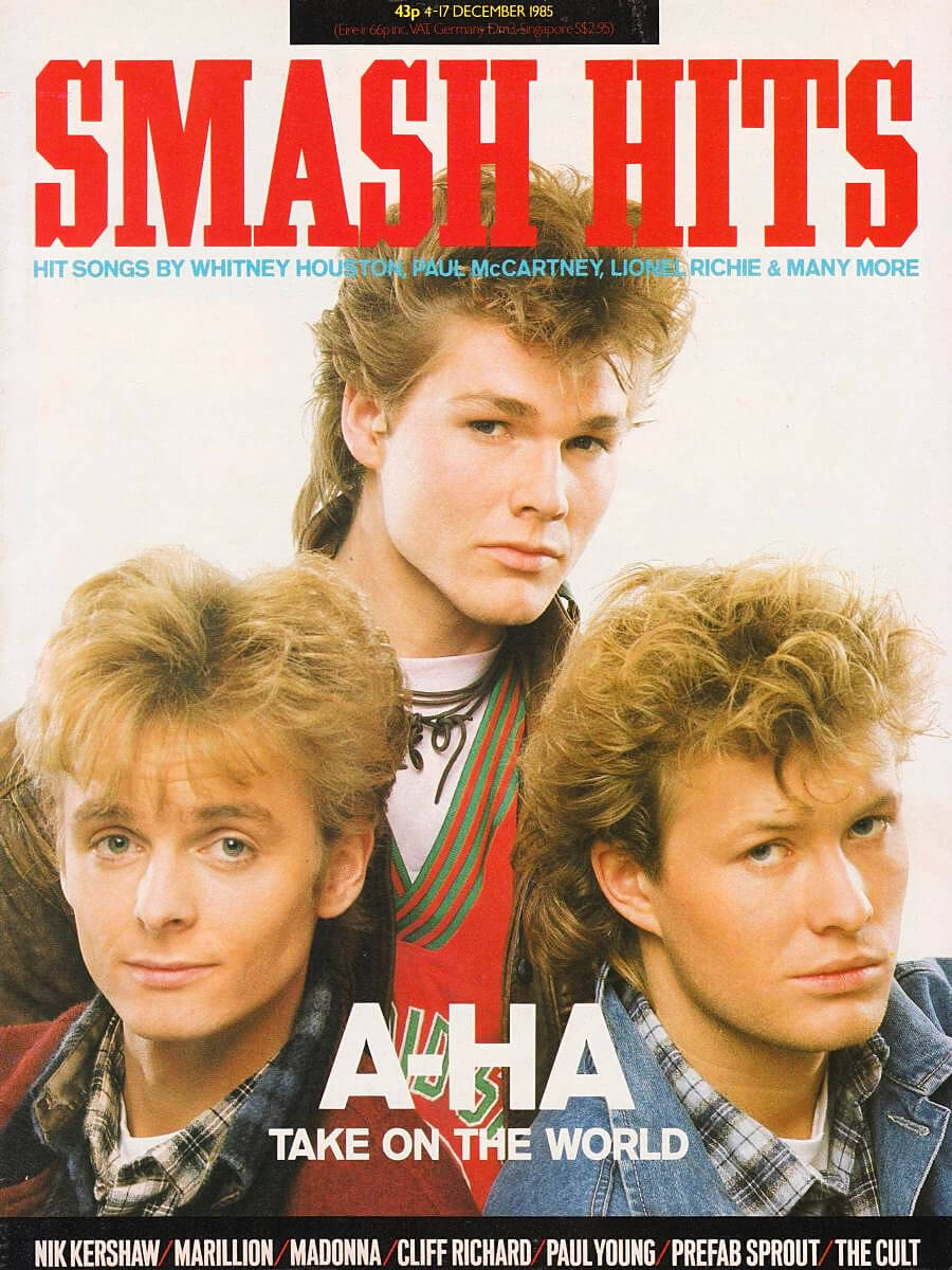 <p>A-ha on the front cover of Smash Hits in 1985</p>