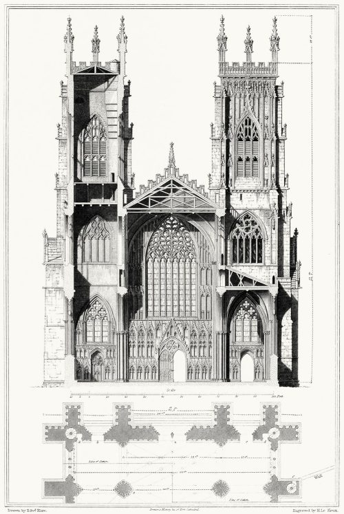 oldbookillustrations: York cathedral church. Elevation and section of the west end. Edward Blore, fr